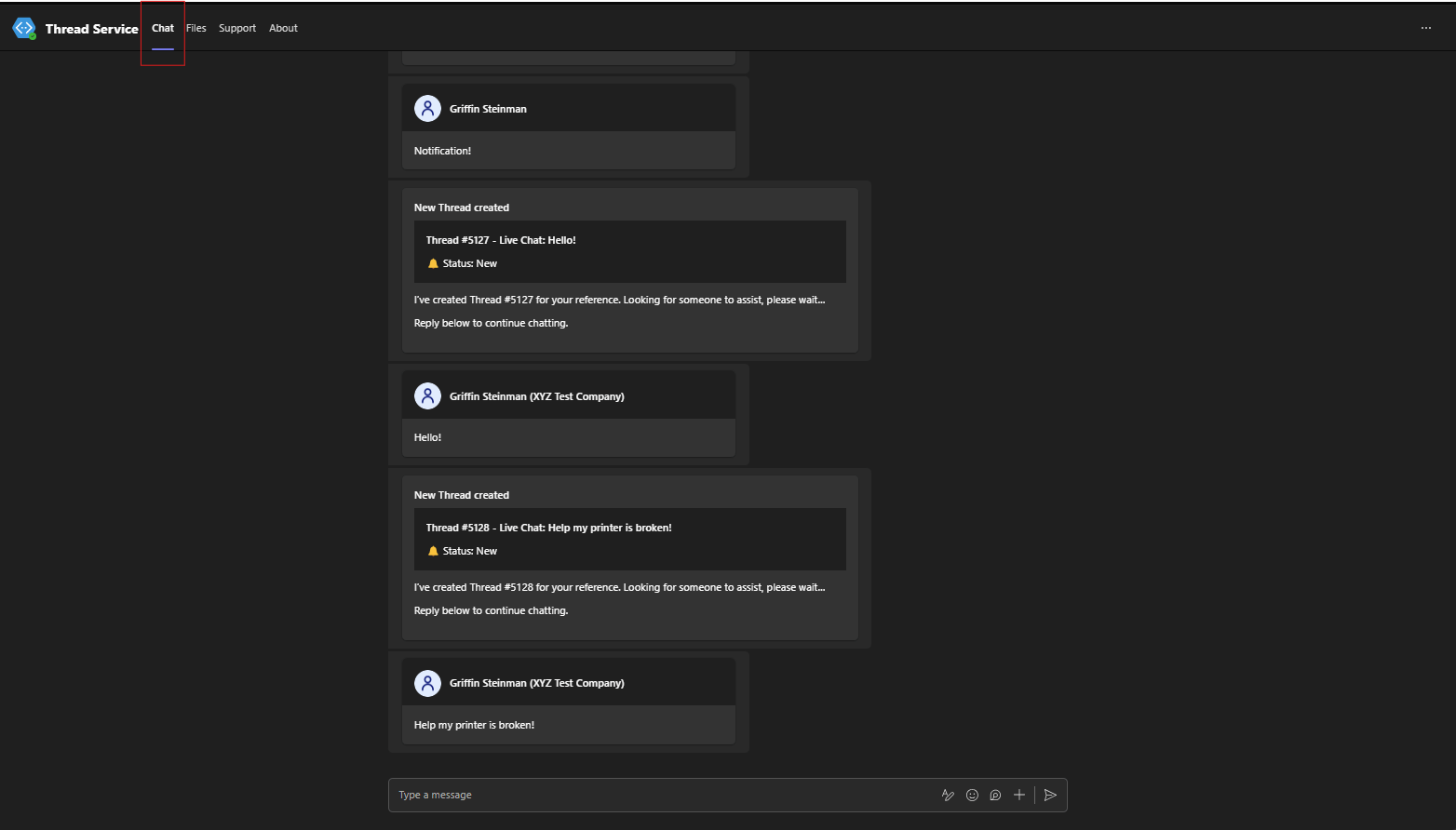 Chat tab of the Teams service app