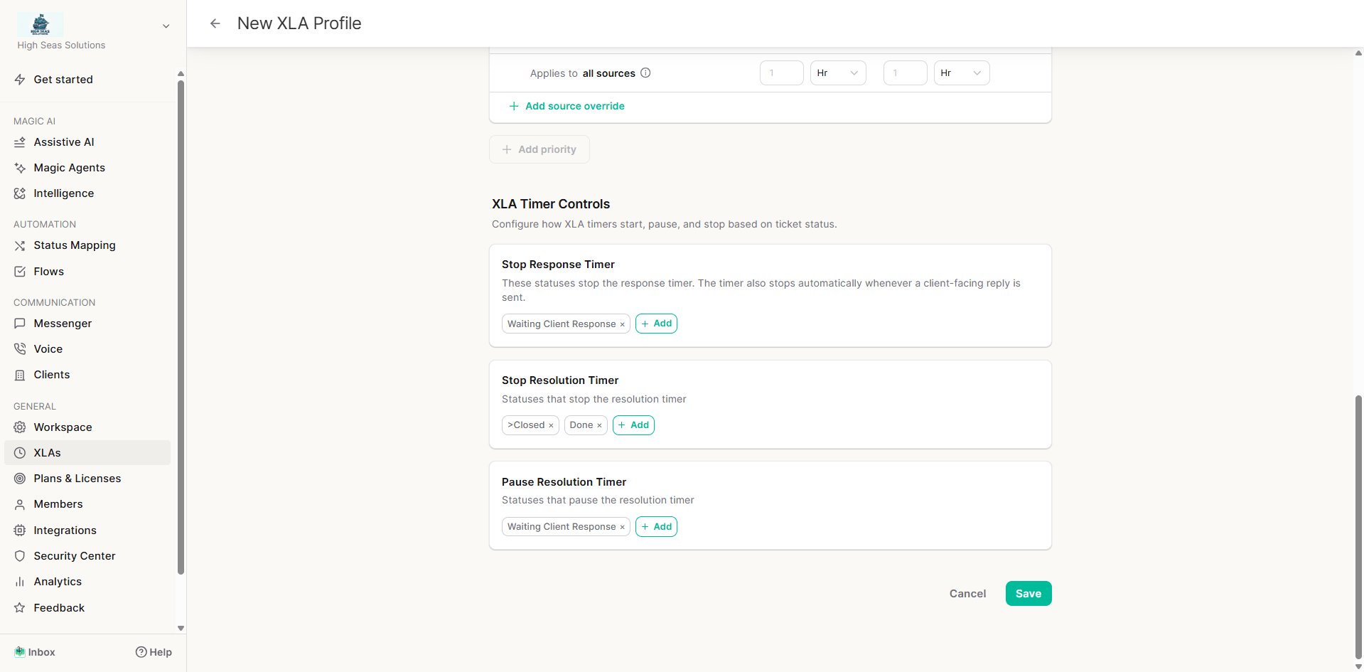 Stop and pause timer status mapping sections in an XLA profile
