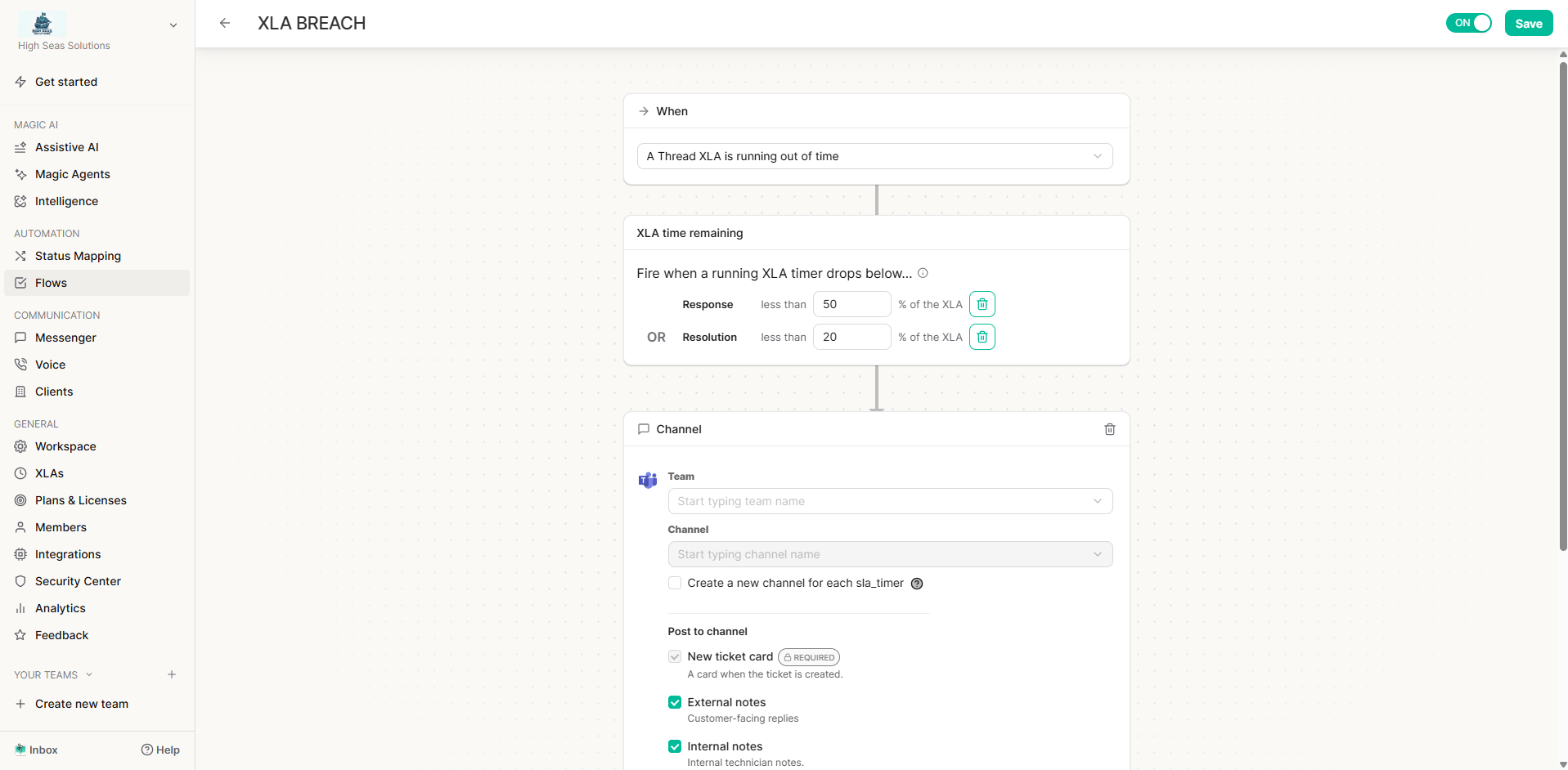 Flow trigger configuration with percent-remaining thresholds for XLA timers
