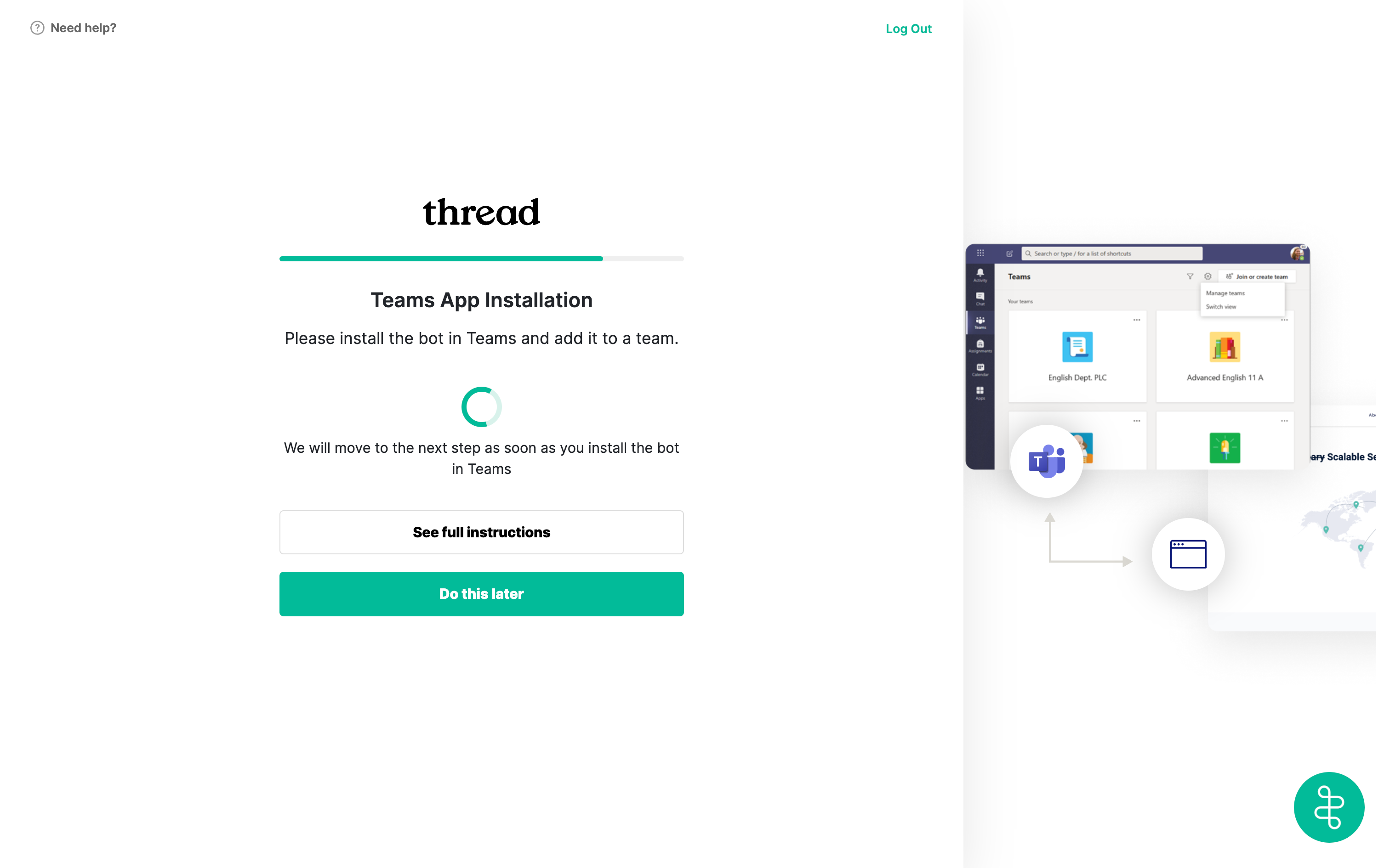 Teams app setup instructions shown after granting Microsoft consent