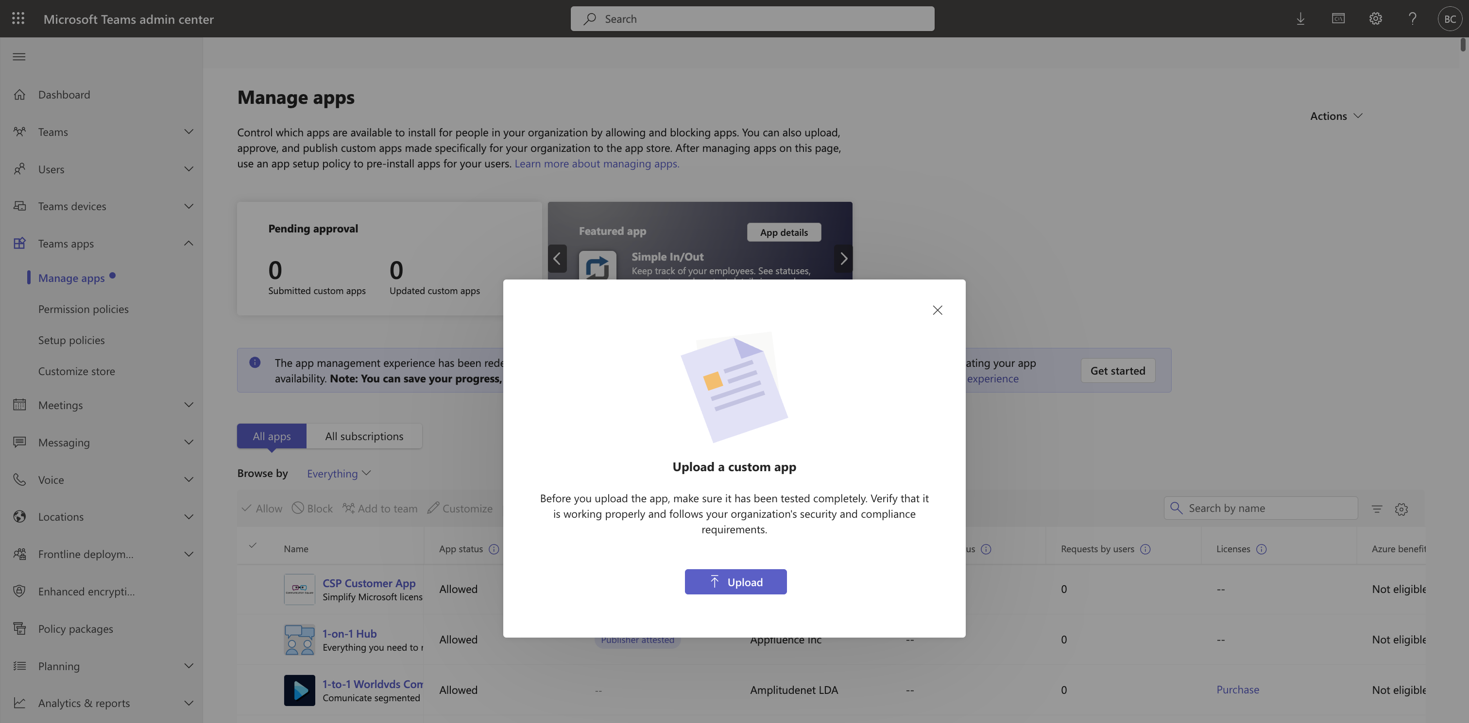 Upload custom app dialog in the Teams admin center with a zip file selected
