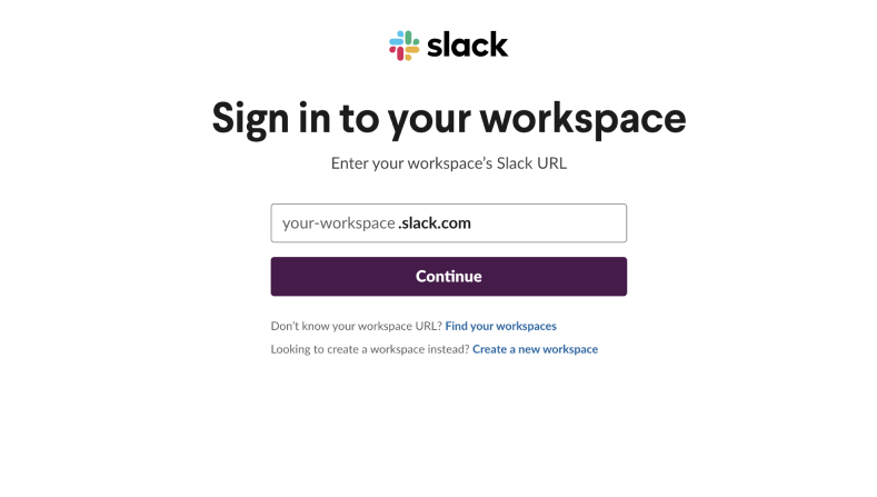 Slack sign-in screen with a workspace selector