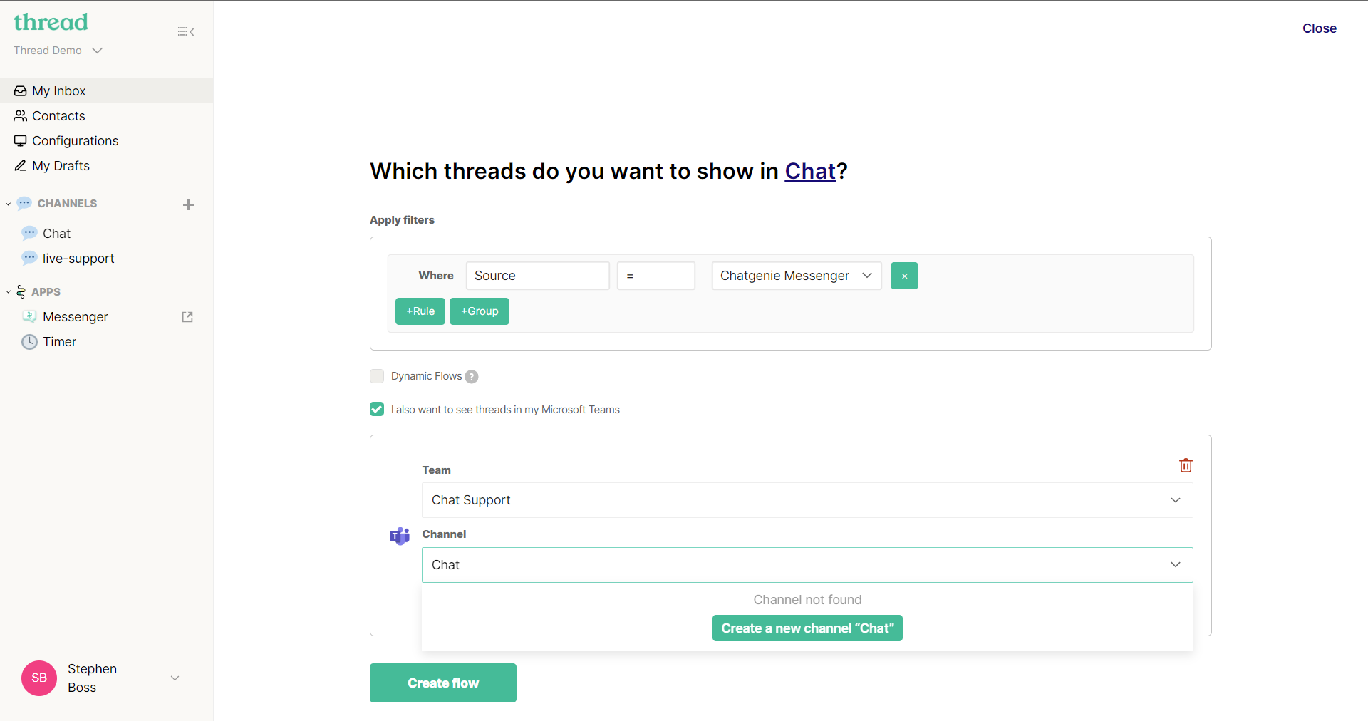 Thread notification for a service thread posted in a Microsoft Teams channel