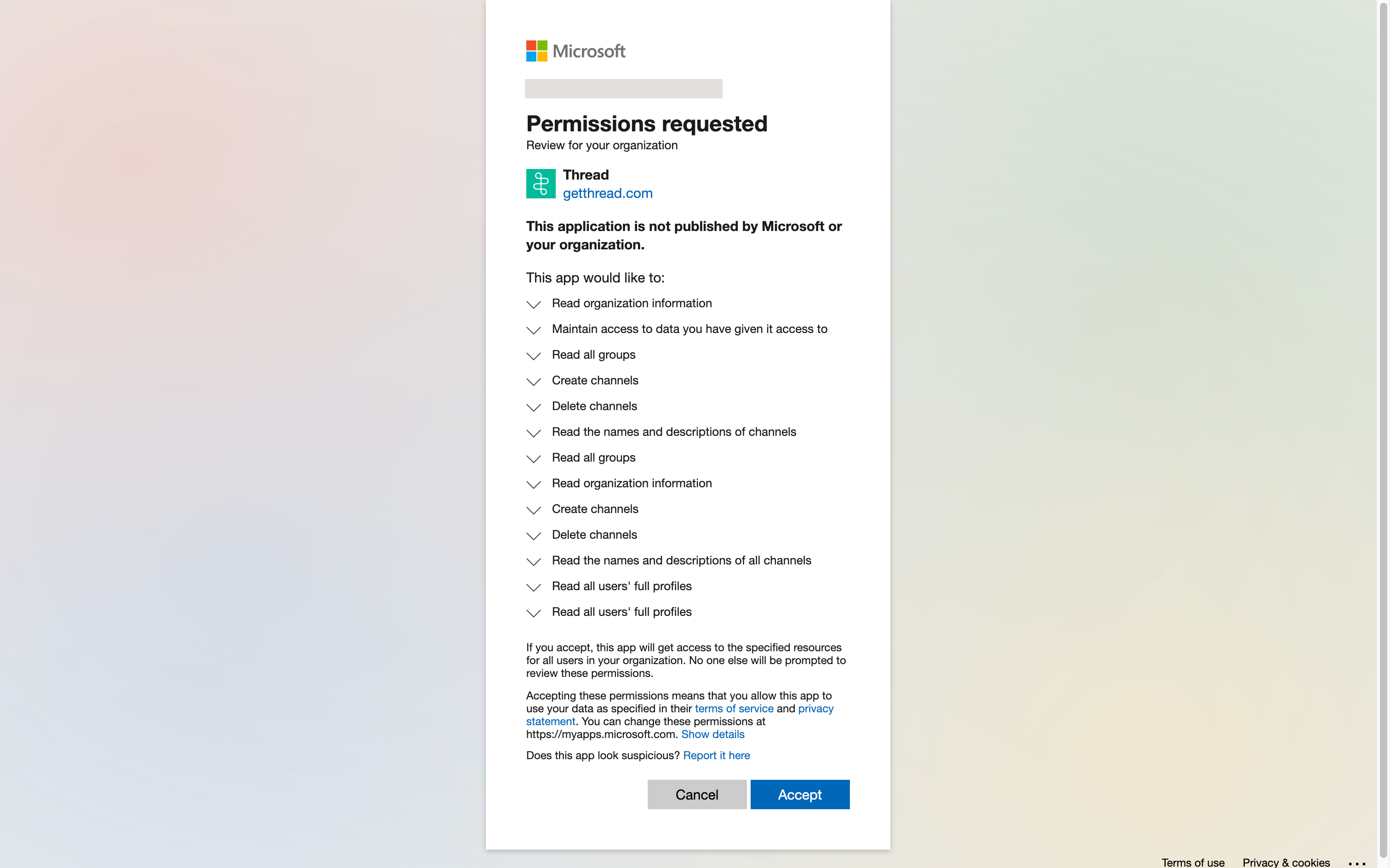 Microsoft consent screen listing the permissions requested by the Thread Teams app