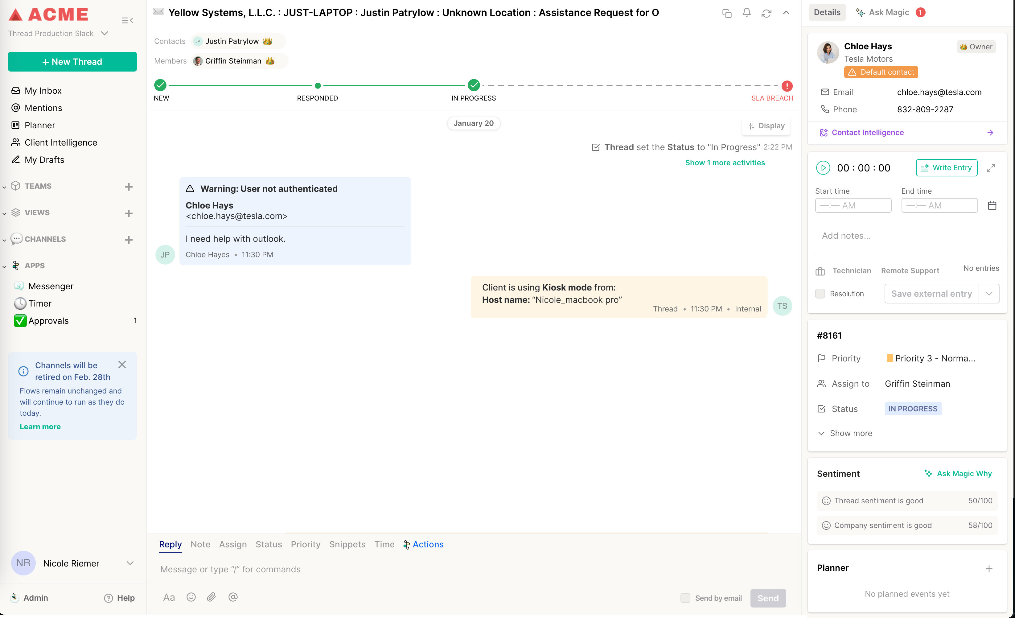 Kiosk device conversation displayed in the Inbox