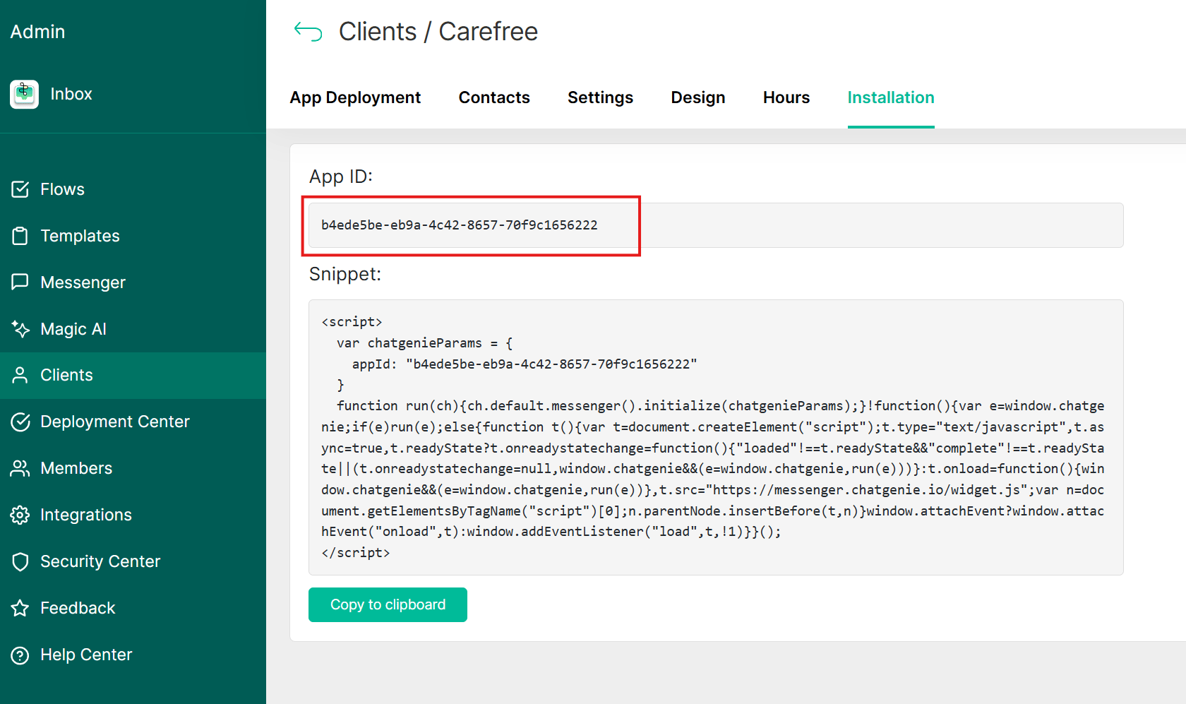 AppID shown on the client's Installation tab