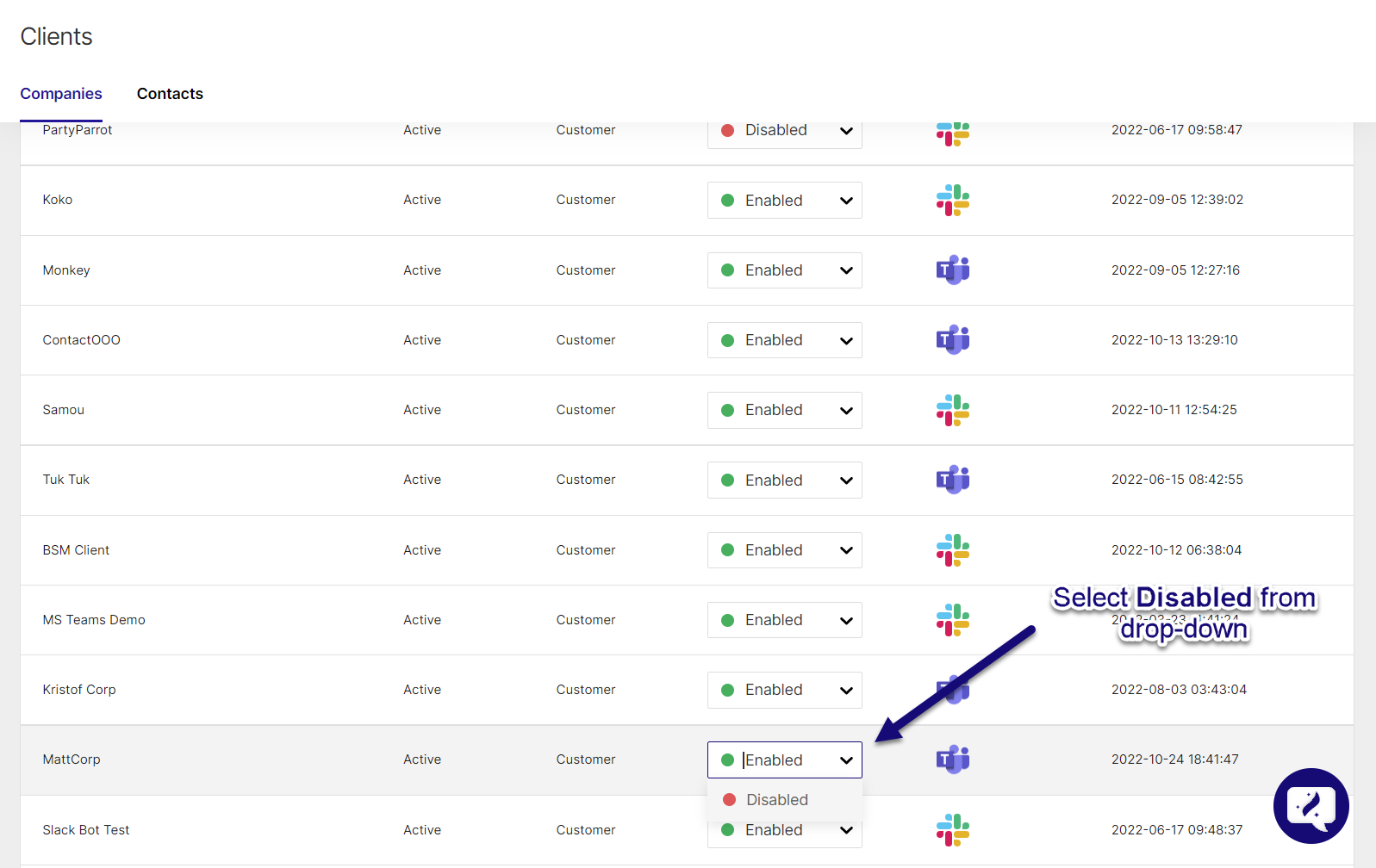 Messenger column set to Disabled for a client in the Companies list