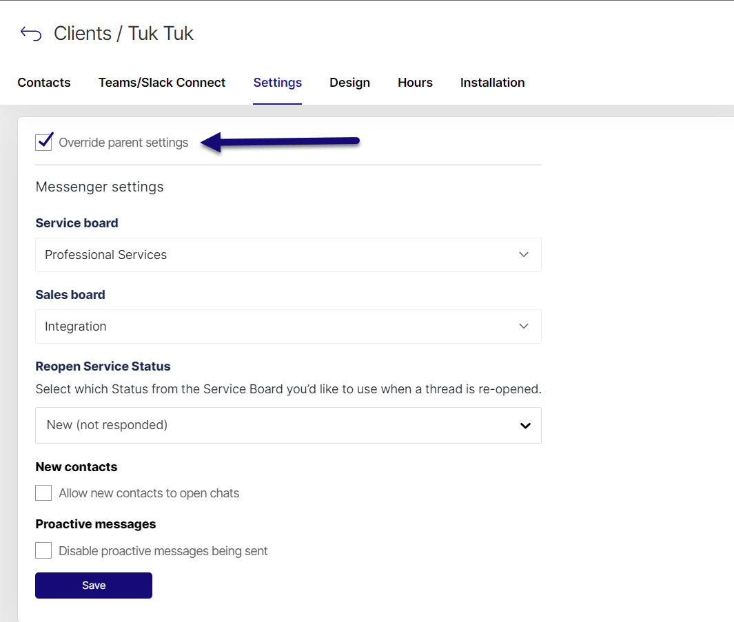 Override Parent Settings checkbox on a client's Settings tab