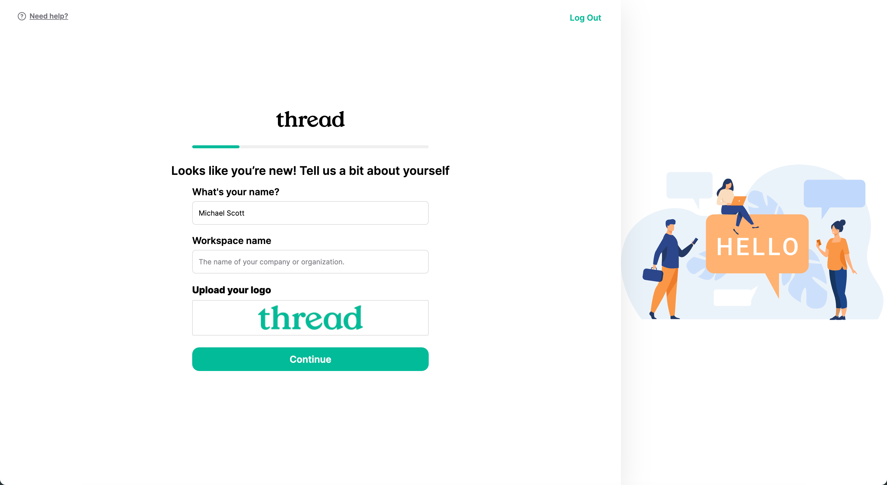 Workspace name and logo setup screen