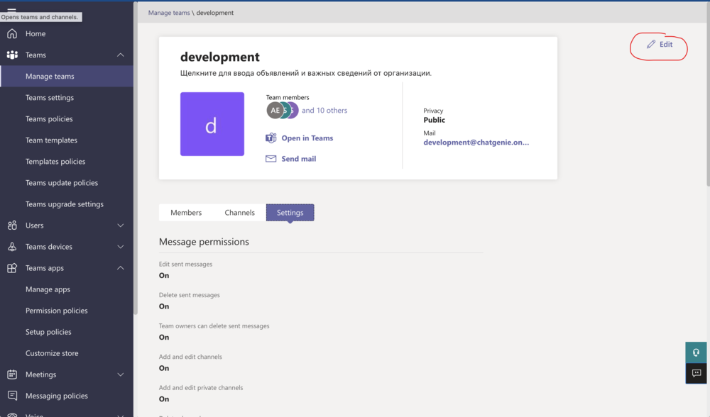 Team settings in the Microsoft 365 admin center with app permissions