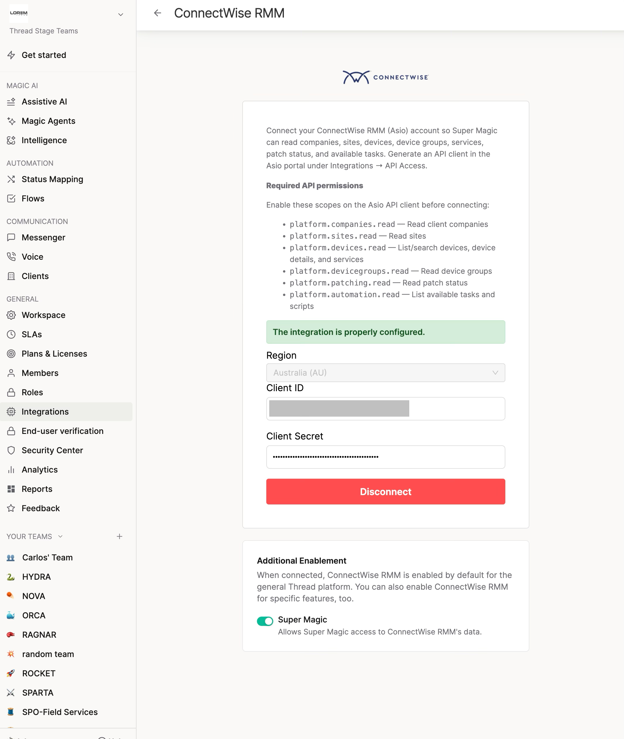 Additional Enablement card on the ConnectWise RMM integration page with the Super Magic toggle