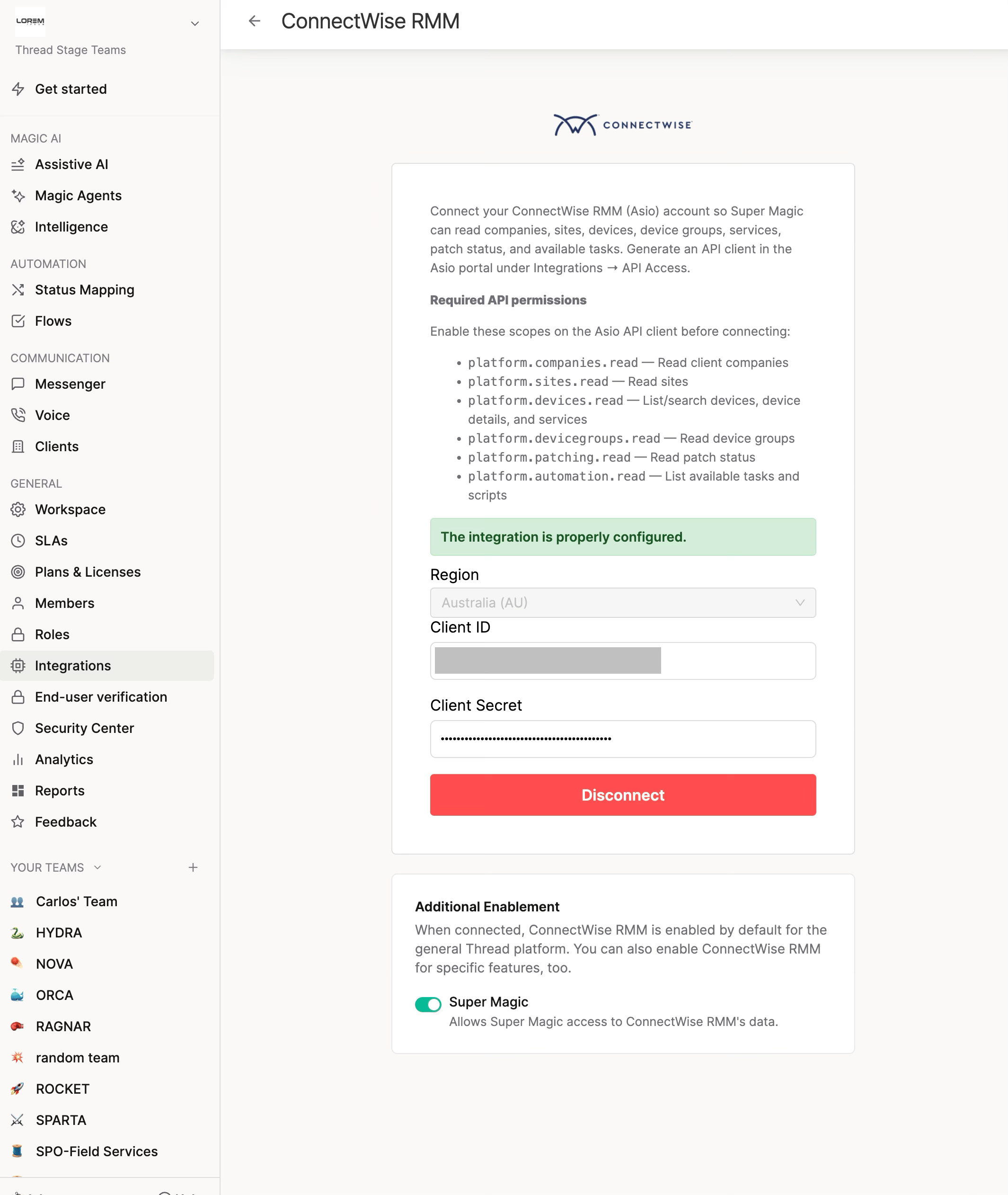 Additional Enablement card on the ConnectWise RMM integration page with the Super Magic toggle