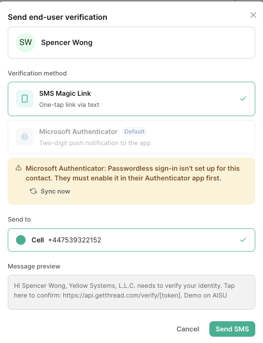 Inbox error toast reading that passwordless sign-in is not set up for this contact