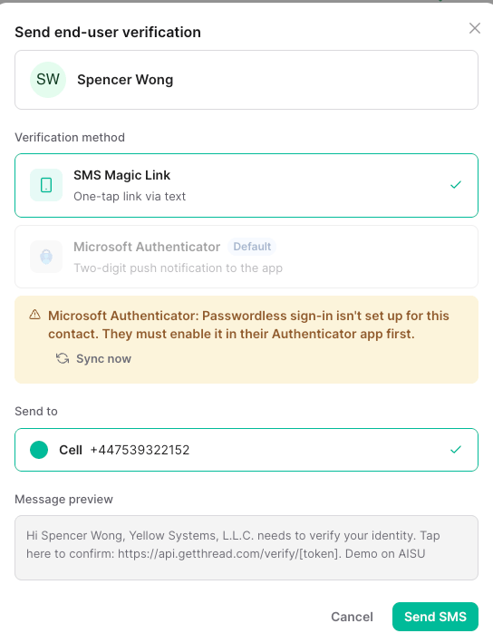 Inbox error toast reading that passwordless sign-in is not set up for this contact