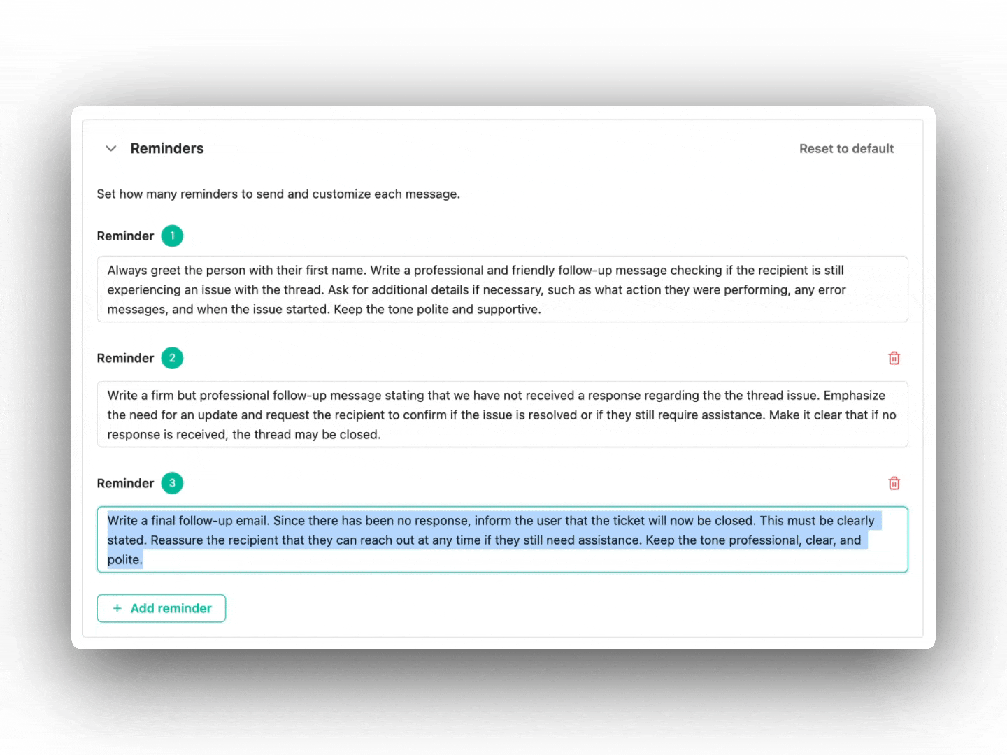 Editing Reminder Agent reminder messages and prompts