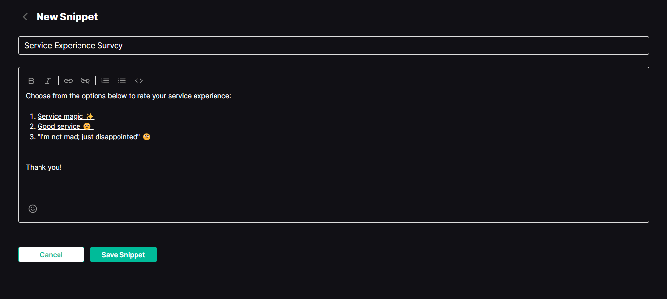 Snippet editor with the SmileBack survey URLs plugged in