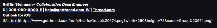Snippet editor showing the signature text with the markdown image syntax added at the bottom