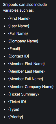 List of snippet variables