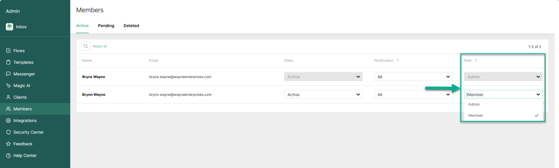 Member role selector on the Members page