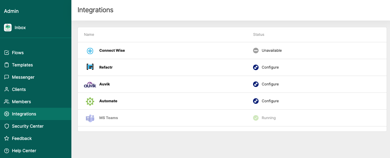 Thread Admin Panel integrations page showing the Teams integration connected