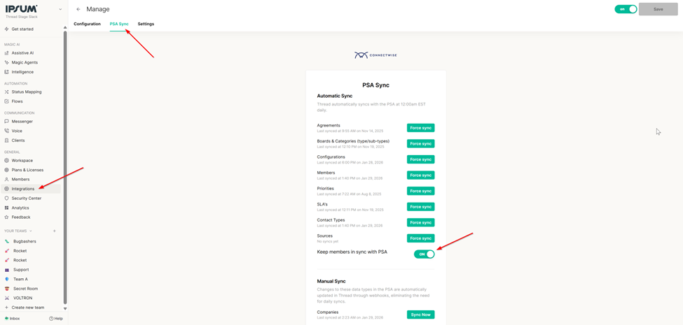 Keep Members in Sync with PSA toggle in the PSA Sync tab
