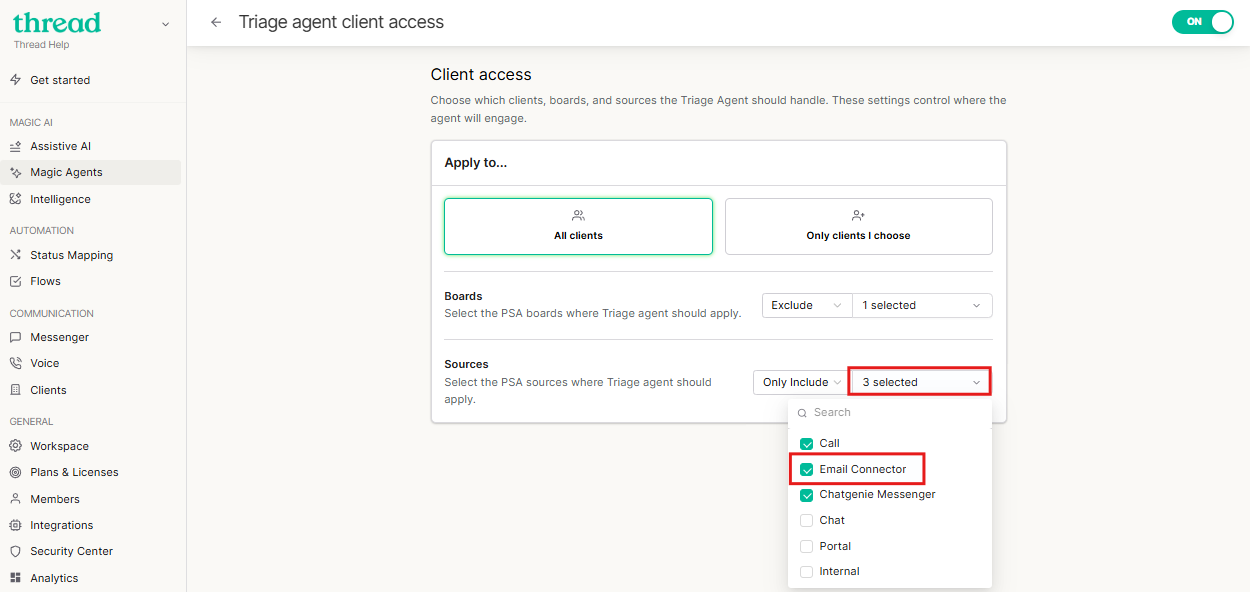 Selecting Email as a source in Triage Agent client access settings