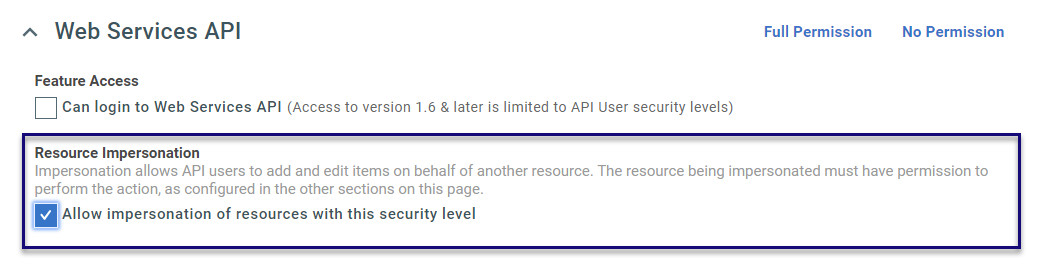 Allow Impersonation of resources checkbox under Web Services API