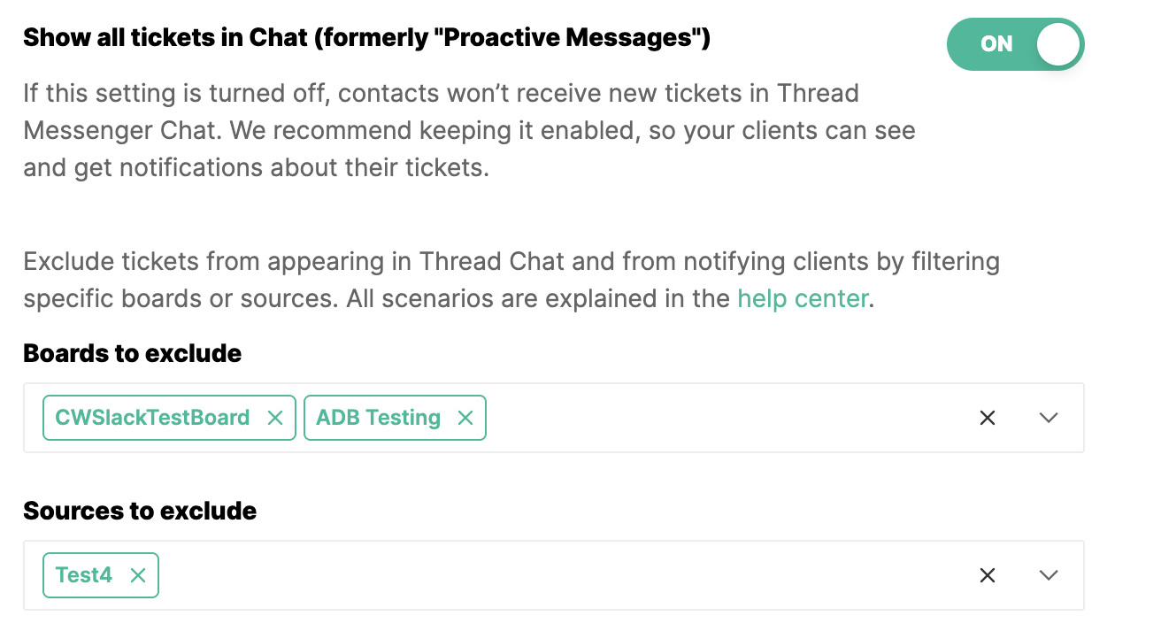 Chat visibility settings for Show All Tickets and excluded boards or sources