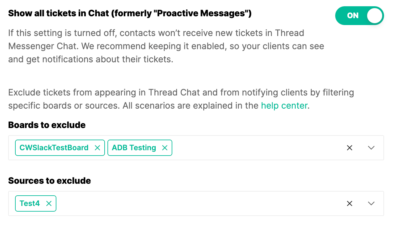 Chat visibility settings for Show All Tickets and excluded boards or sources