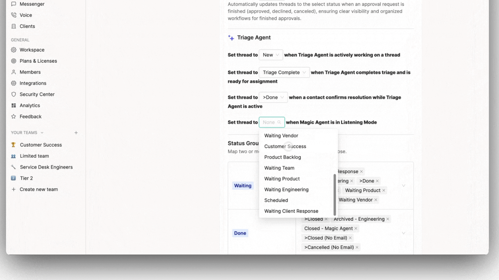 Status mapping configuration for Listening Mode
