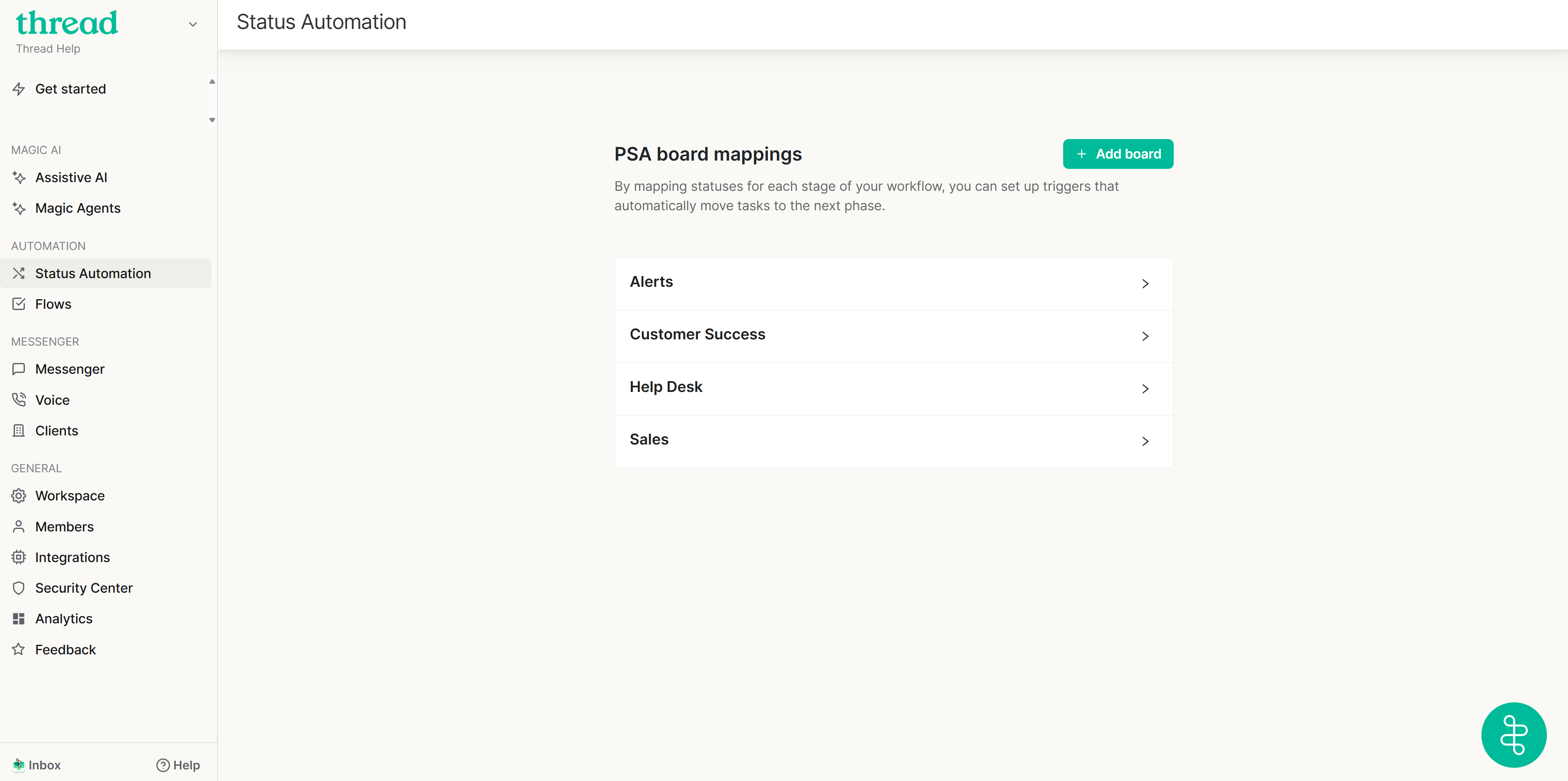 Status Automation option in the Thread Admin Panel