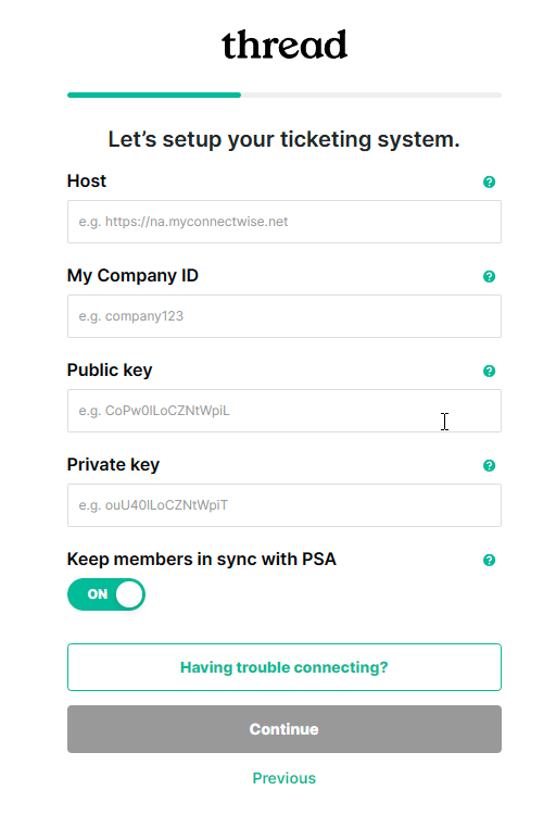 ConnectWise API credentials entry screen in the platform setup