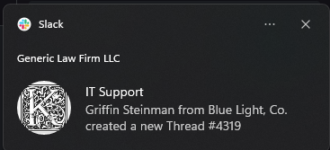 Slack notification confirming a service request was created