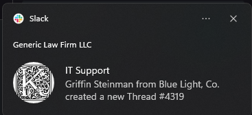Slack notification confirming a service request was created
