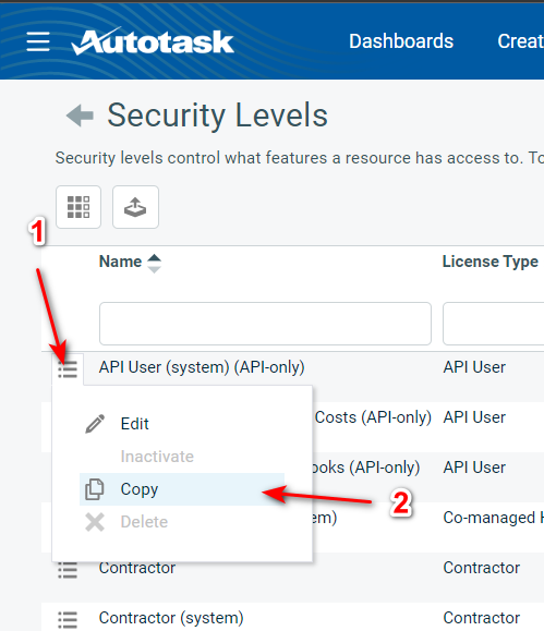 Copy option on the API User system role menu