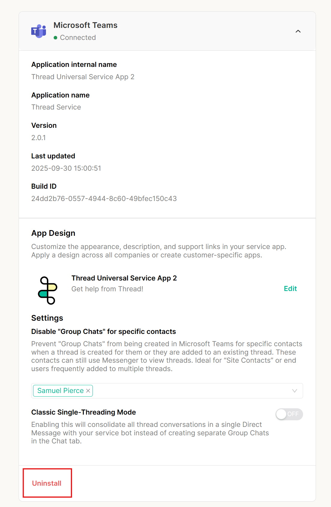 Uninstall option for the linked company in Thread Admin