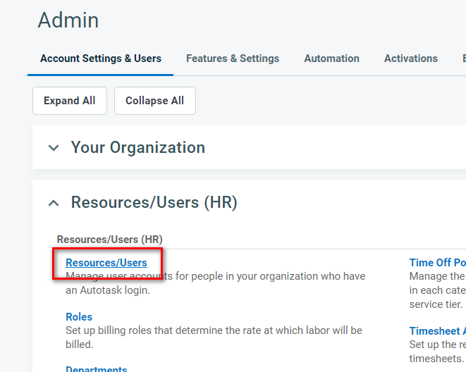 Resources/Users page in Autotask