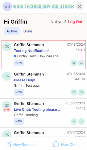 Blue dot next to an updated service request in Messenger