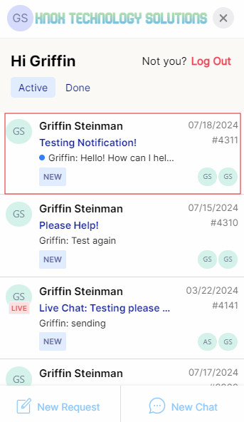 Blue dot next to an updated service request in Messenger
