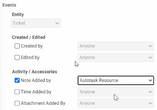Workflow rule event set to Note Added By Autotask Resource