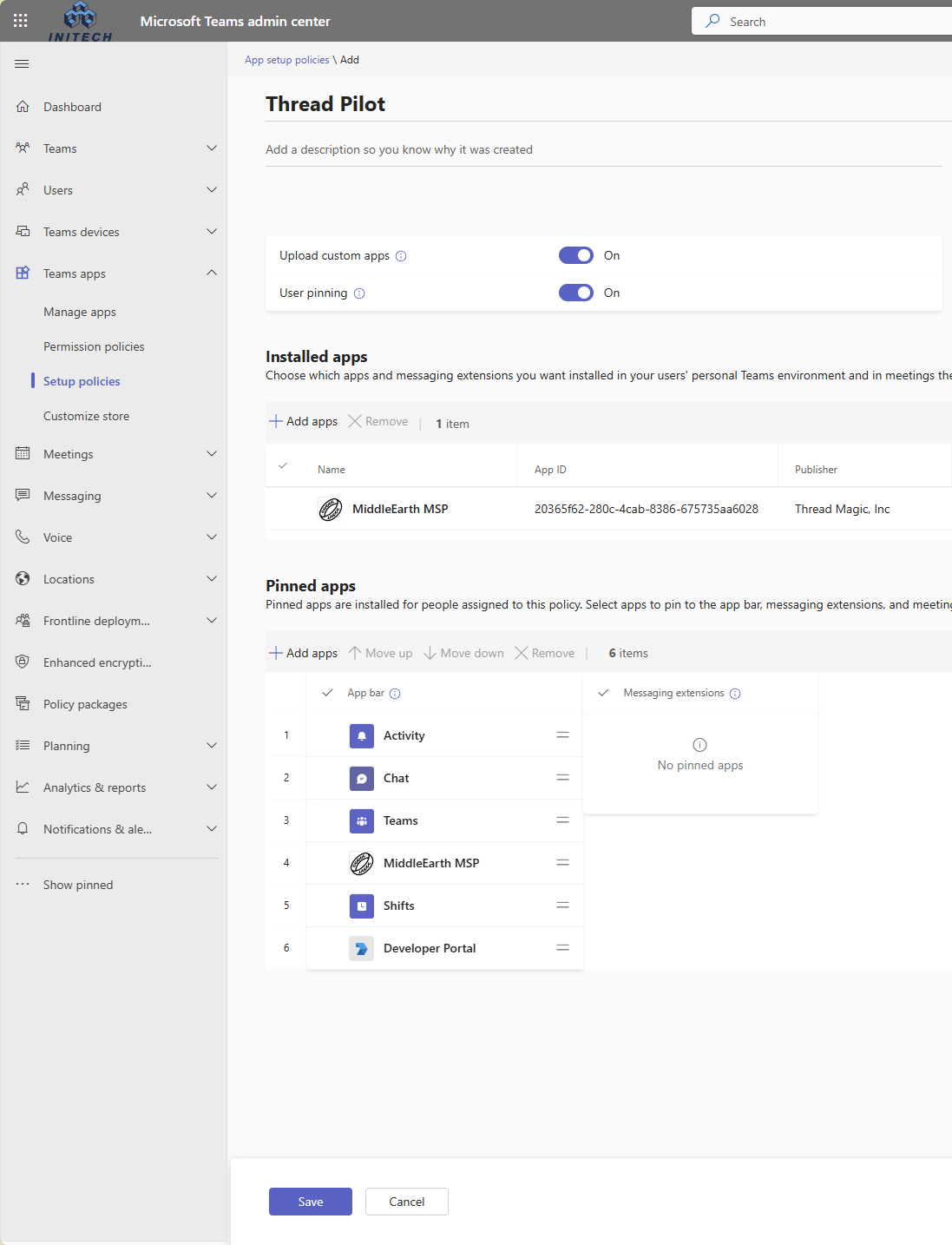 Adding and pinning the Thread Service App in a setup policy
