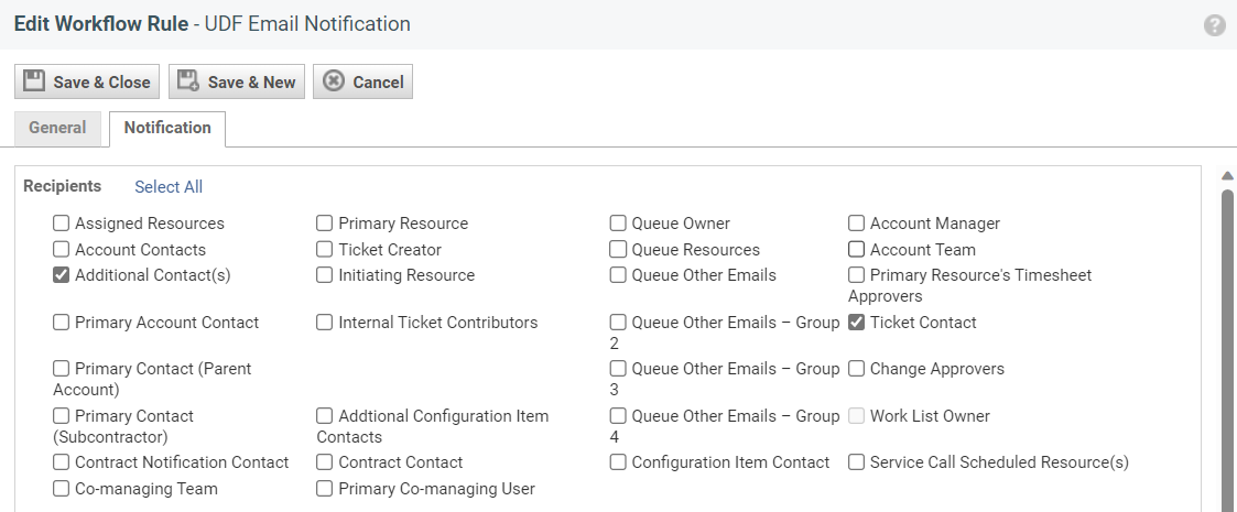 Selecting Ticket Contact and Additional Contacts as notification recipients