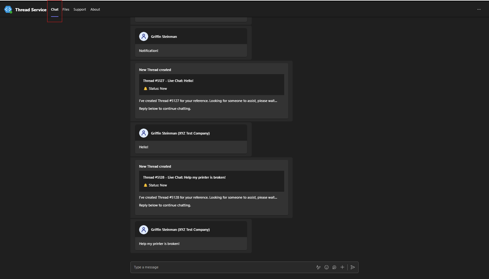 Chat tab of the Teams service app