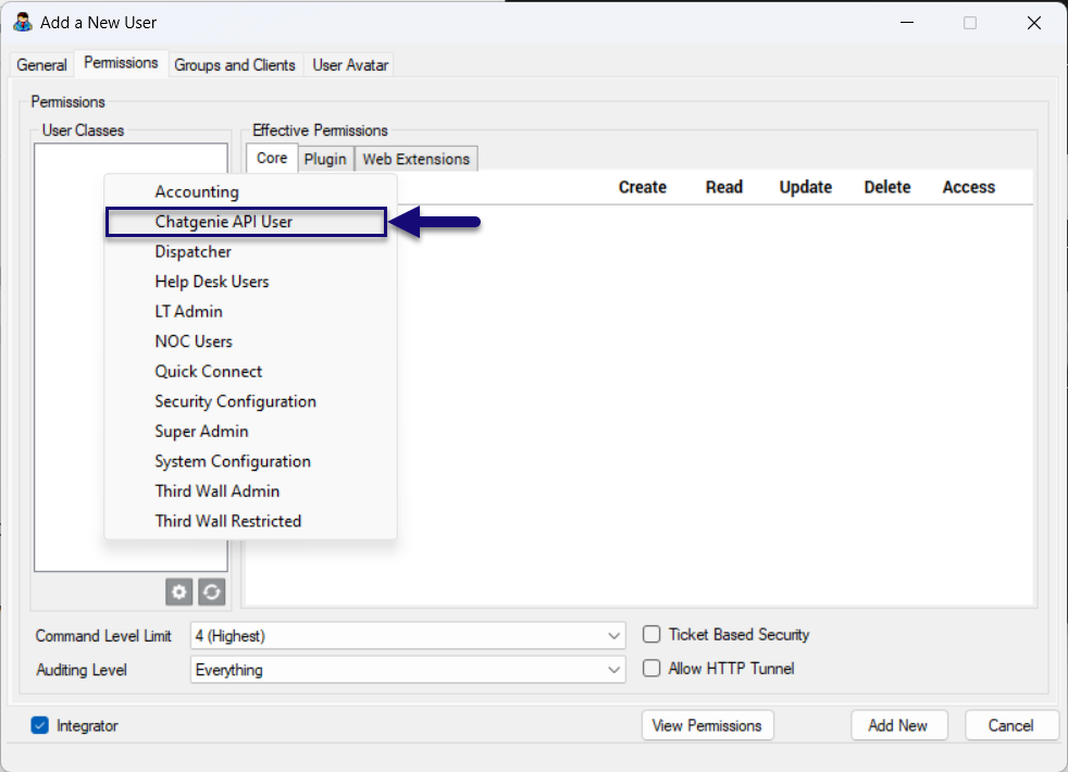 Permissions tab User Classes selection
