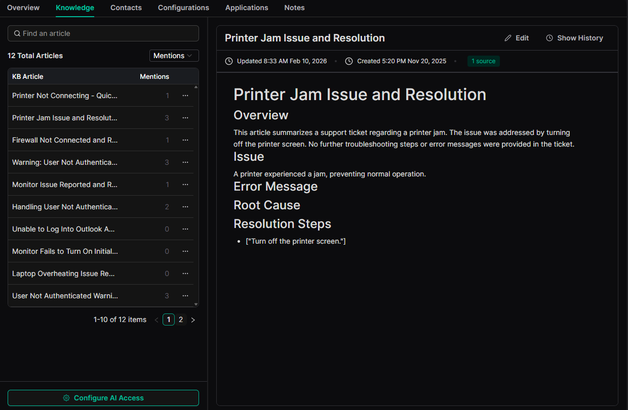Knowledge tab showing an auto-generated article and its source threads