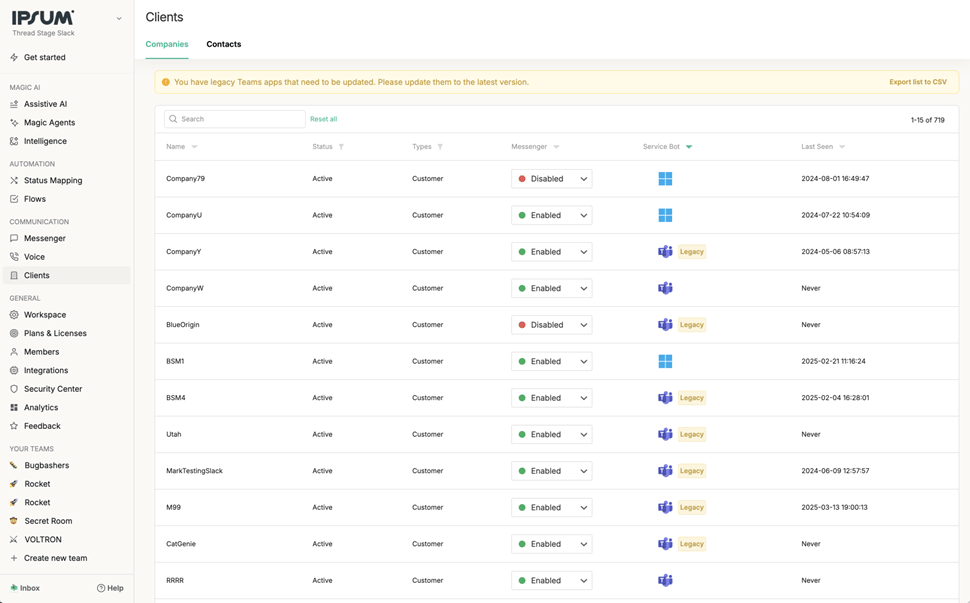Clients list in the Dashboard sidebar