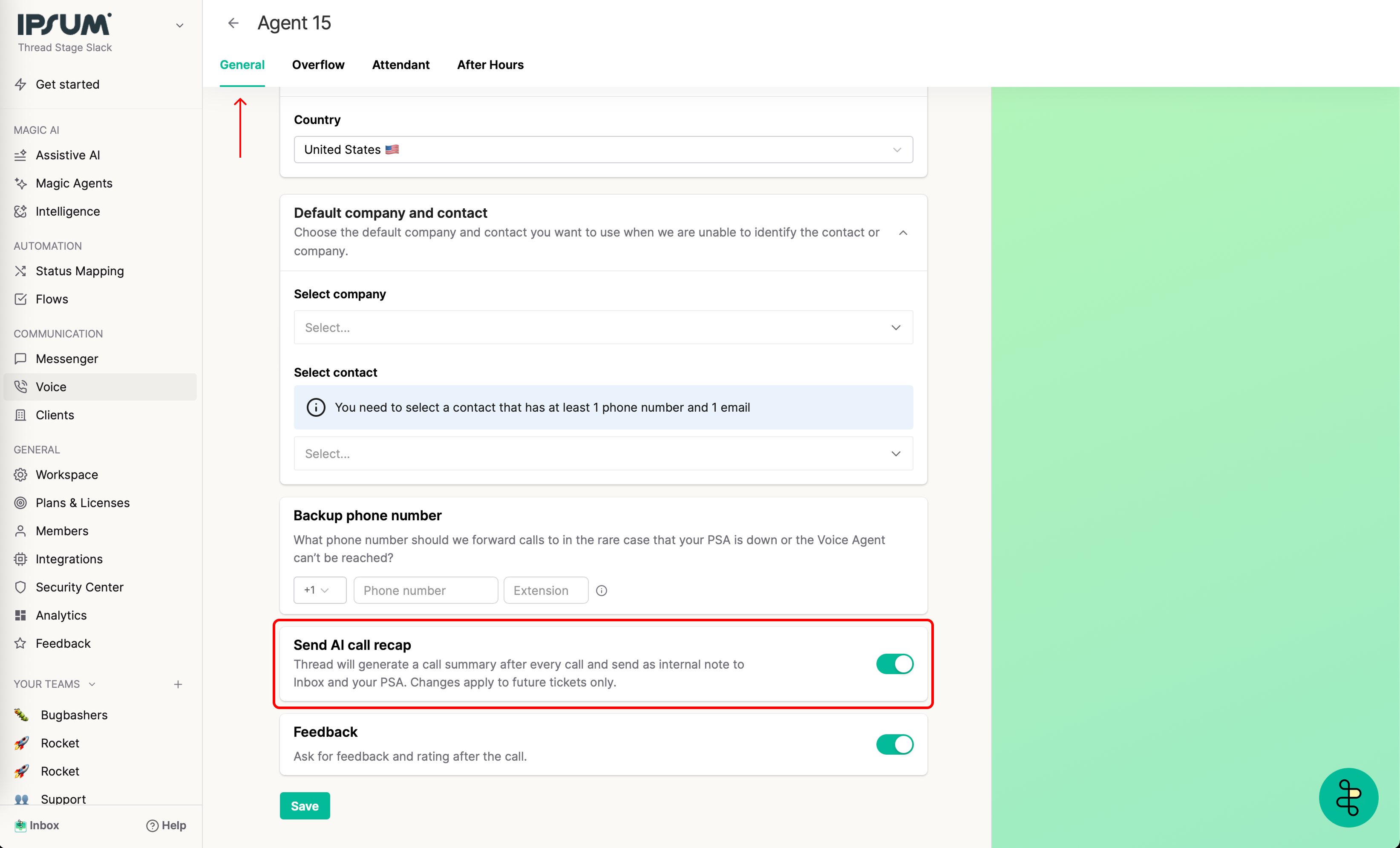 Send AI call recap toggle