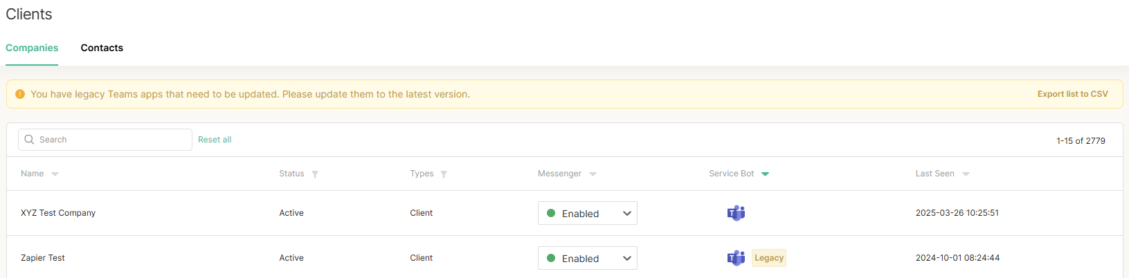 Thread Admin Panel banner prompting a legacy Teams app upgrade