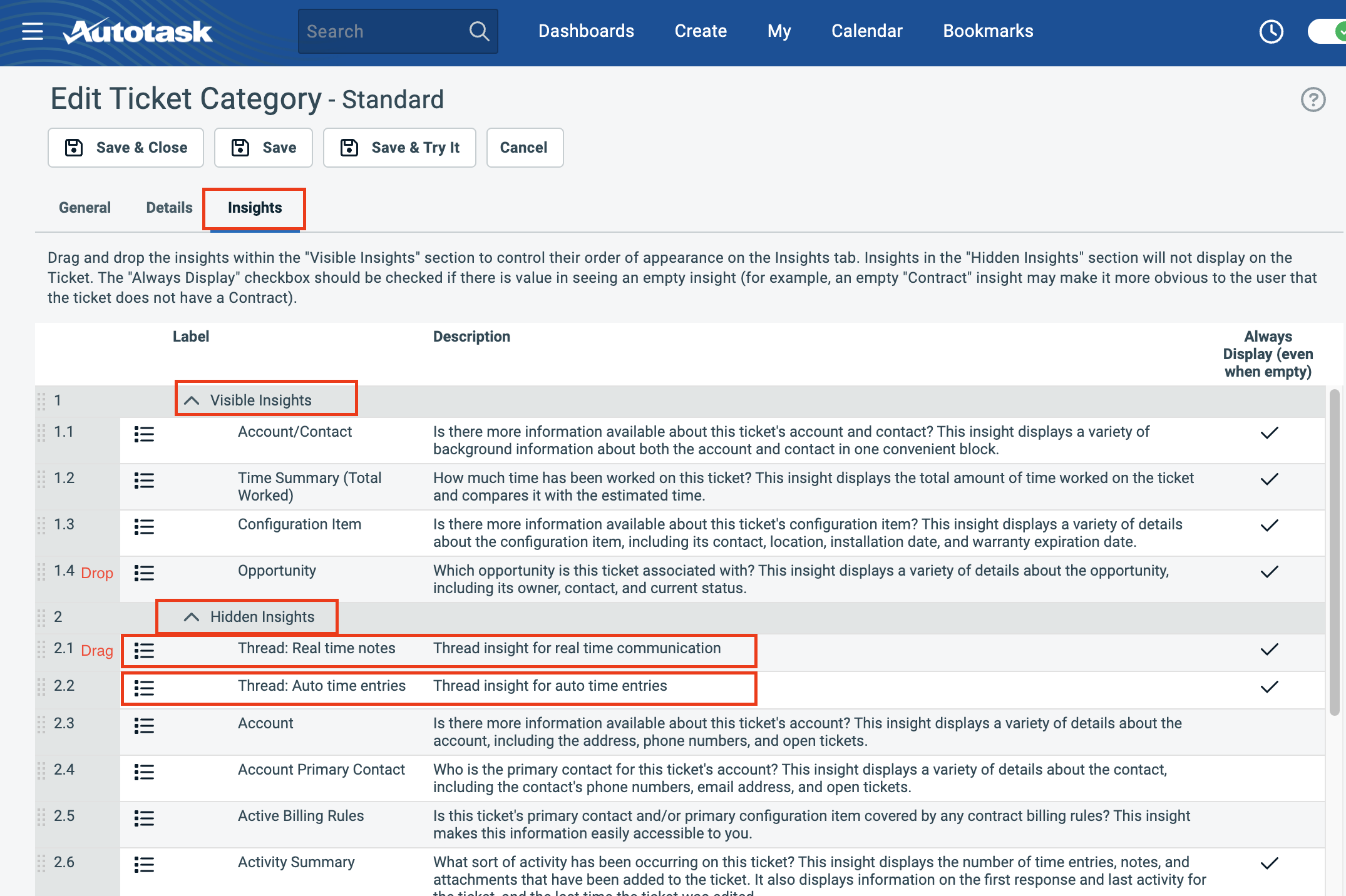 Dragging Thread insights from Hidden to Visible insights