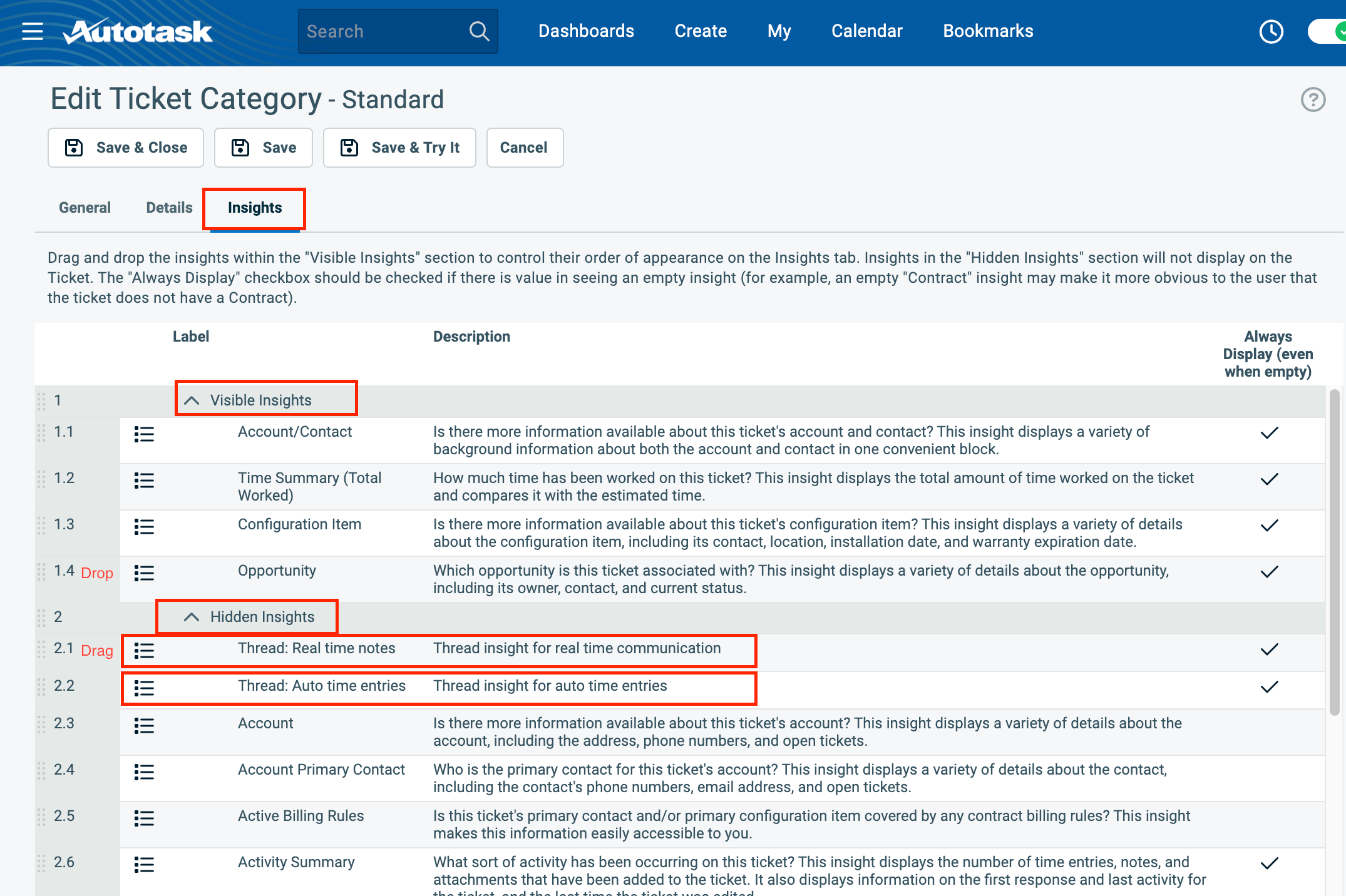 Dragging Thread insights from Hidden to Visible insights